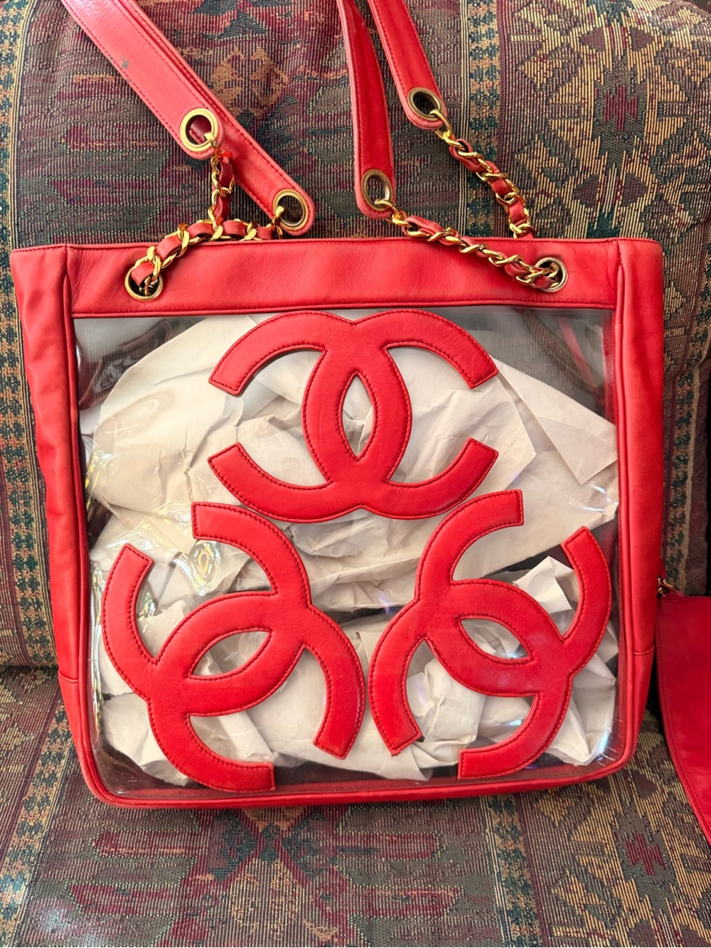 CHANEL VINTAGE 90s Red Clear Vinyl Tote WITH Attached Inner Bag.